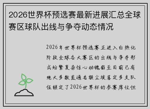 2026世界杯预选赛最新进展汇总全球赛区球队出线与争夺动态情况 2026世界杯预选赛最新进展汇总全球赛区球队出线与争夺动态情况